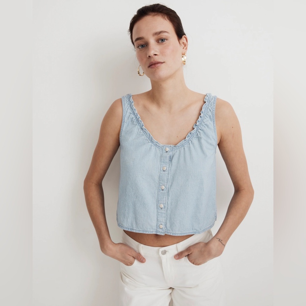 Denim Ruffled U-Neck Crop Top XL